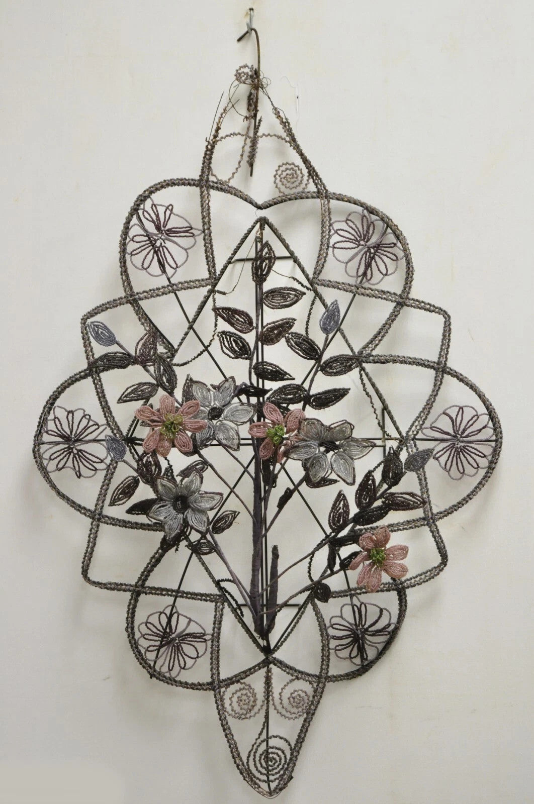 Antique French Victorian Purple Glass Beaded Memorial Wreath Wall Art Sculpture