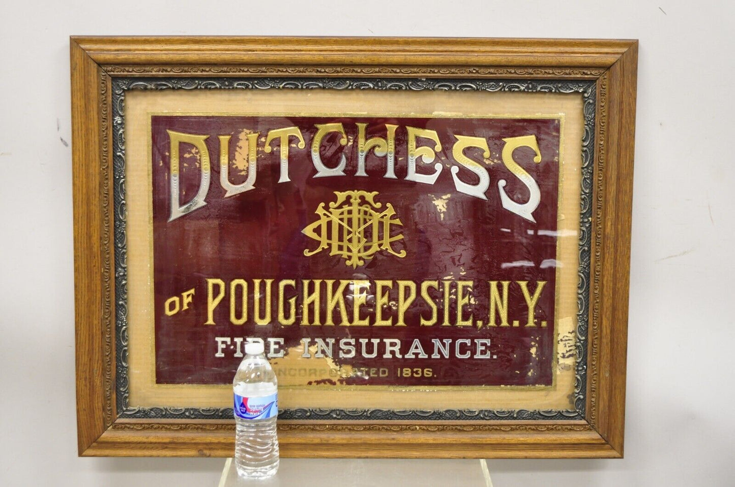Antique Dutchess of Poughkeepsie NY Fire Insurance Reverse Painted Glass Sign