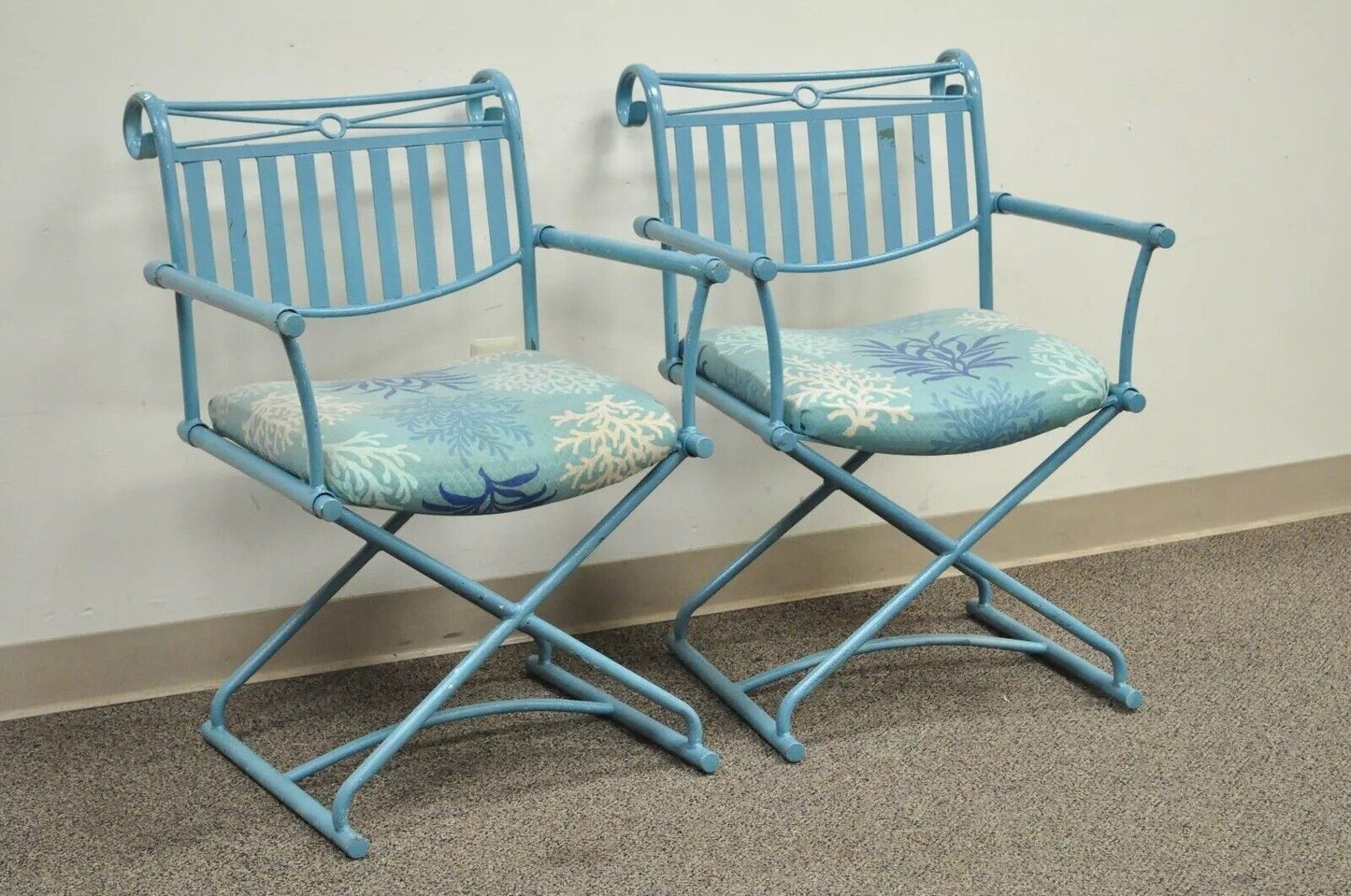 Vintage Hollywood Regency X-Frame Blue Iron Curule Directors Arm Chairs B - Pair