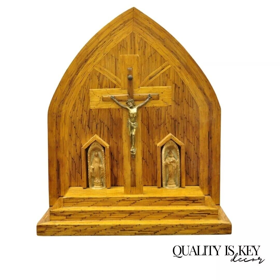 Vintage Folk Art Matchstick Prison Tramp Art Crucifix Jesus Christ Sculpture