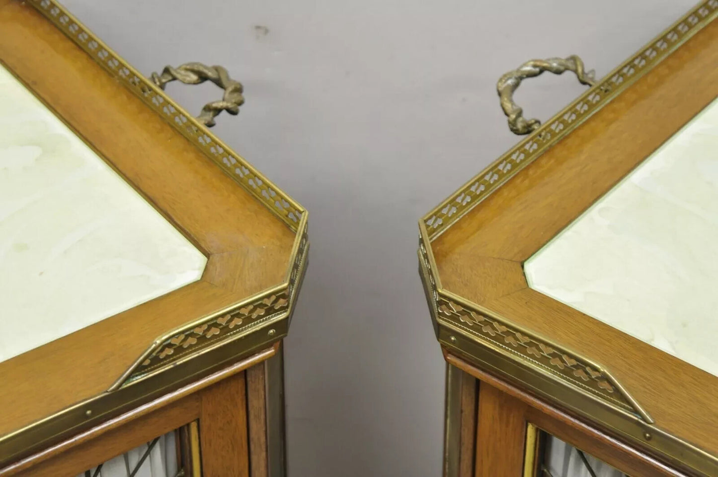 French Neoclassical Regency Mahogany & Bronze Bar Server Cabinet Tables - Pair