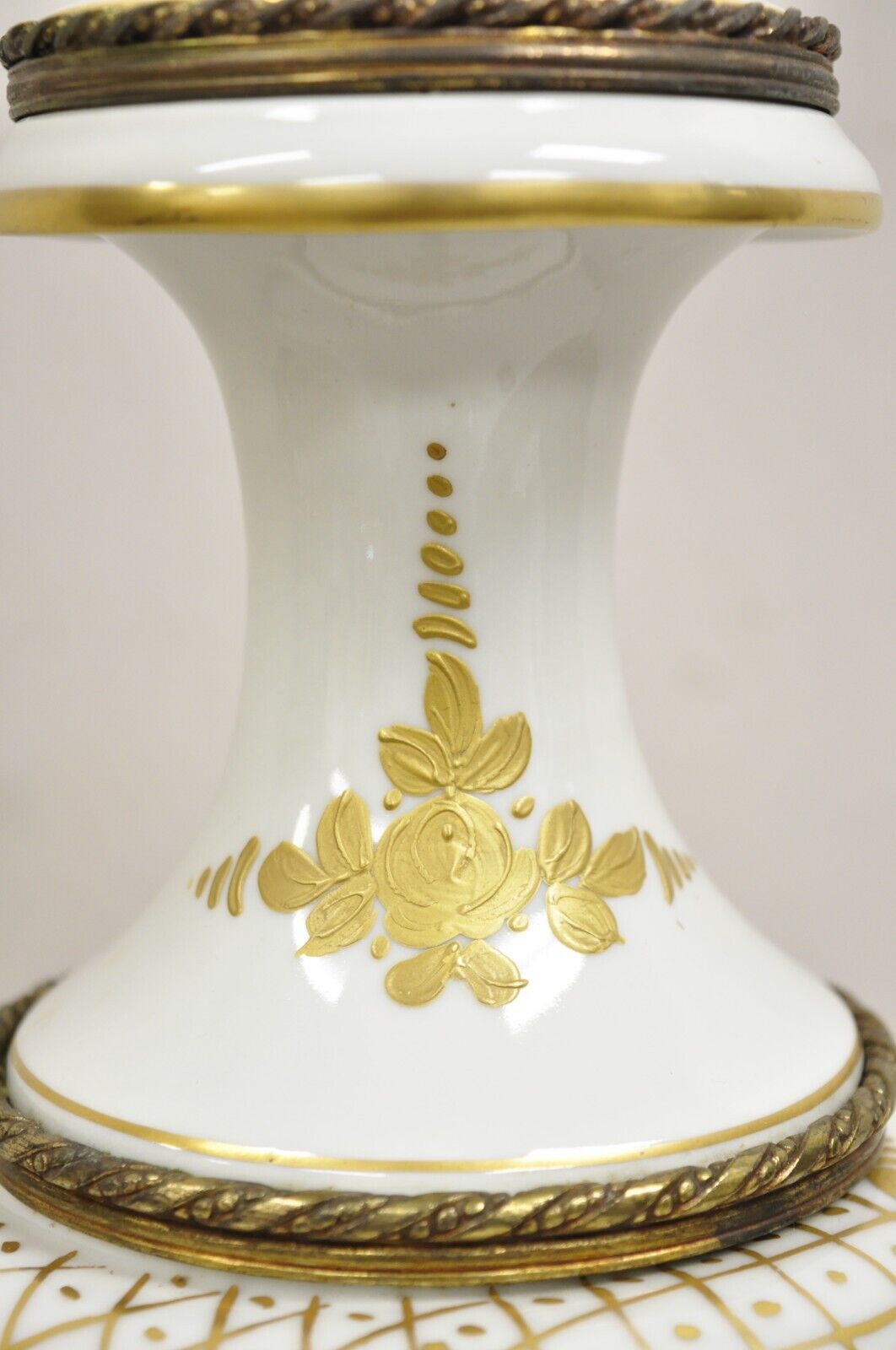 Antique French Louis XV Style Gold Hand Painted White Porcelain Urn Table Lamp