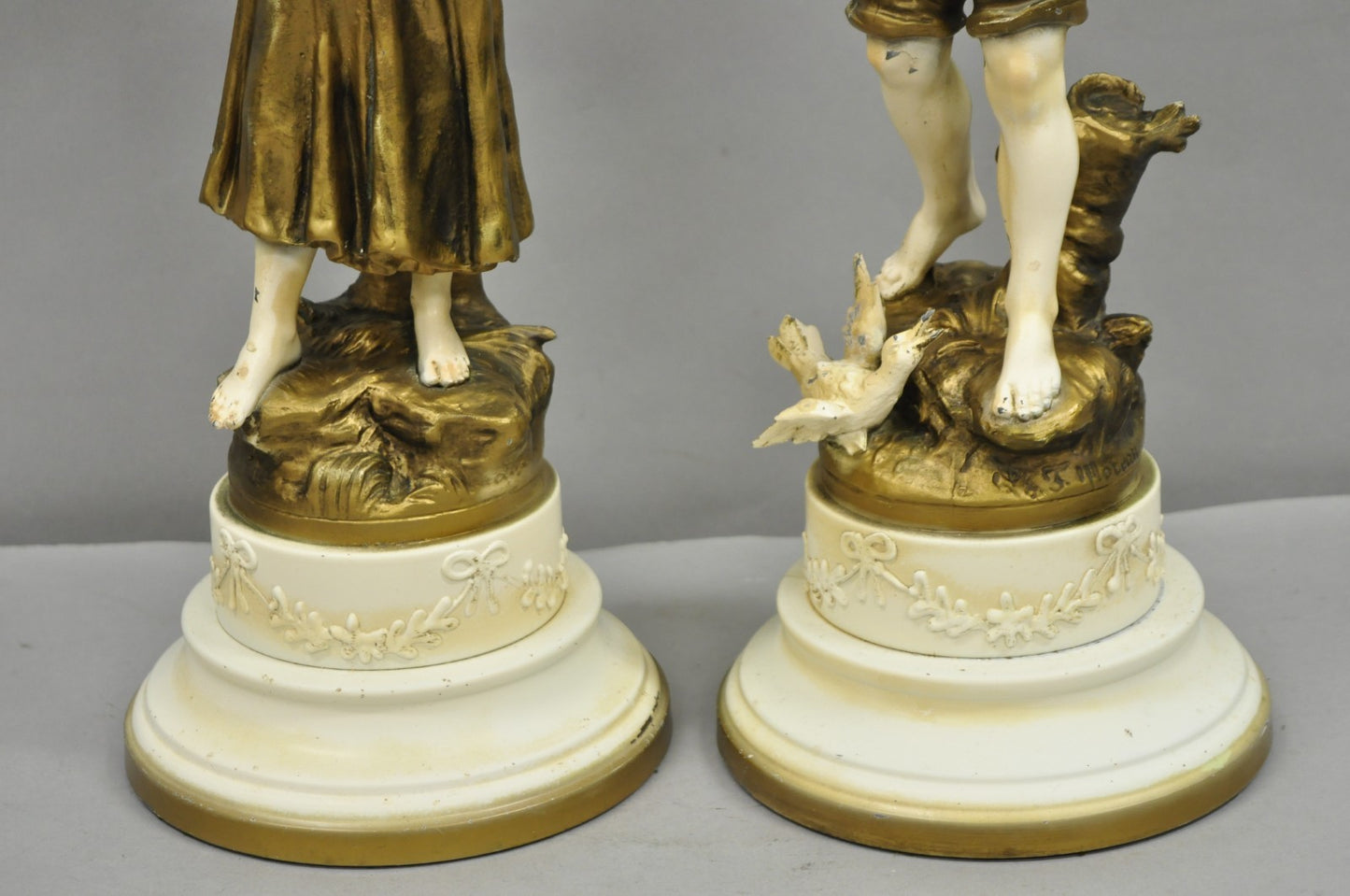 Antique French Victorian Moreau Figural Metal Boy and Girl Table Lamps (B), Pair