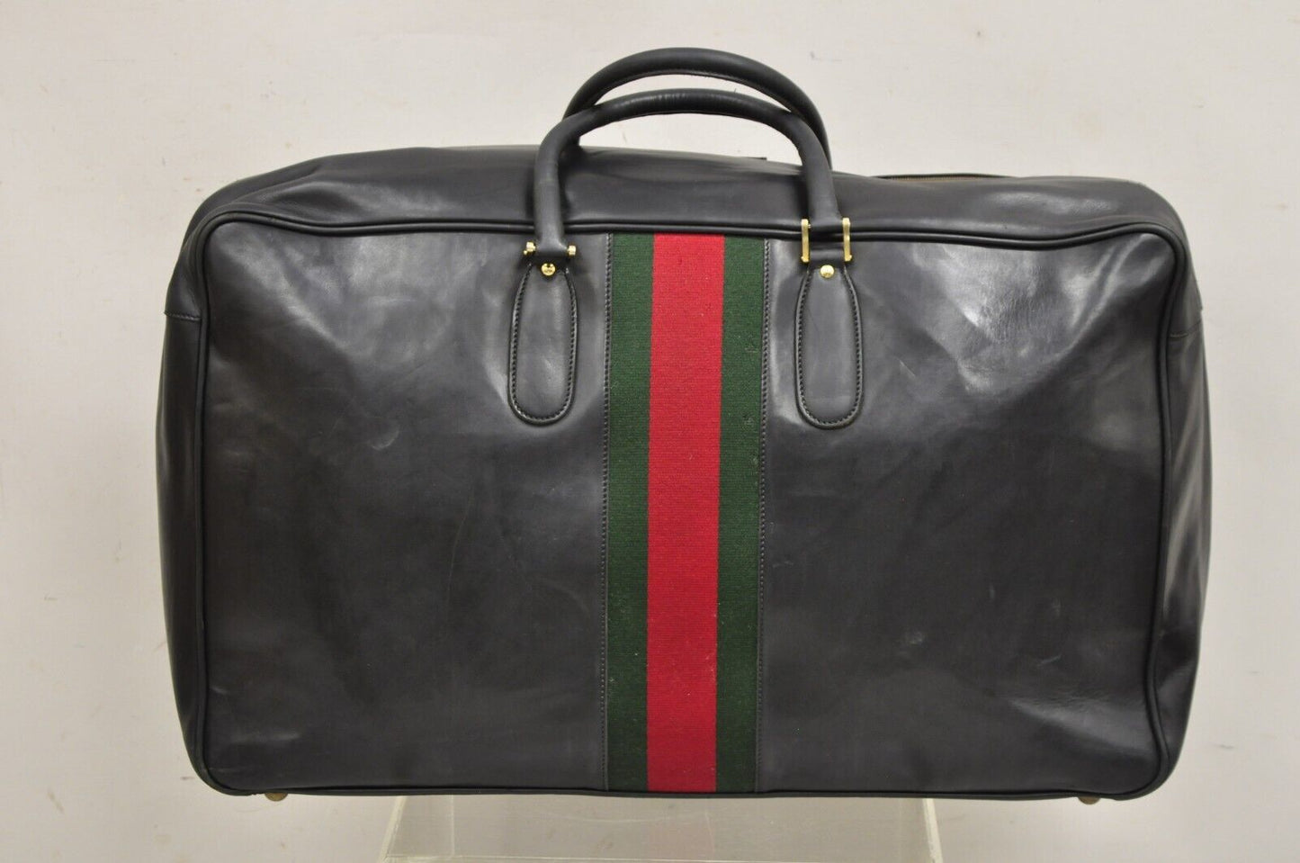 Vintage Gucci Large Black Leather Suitcase Luggage Travel Bag Green Red Webbing