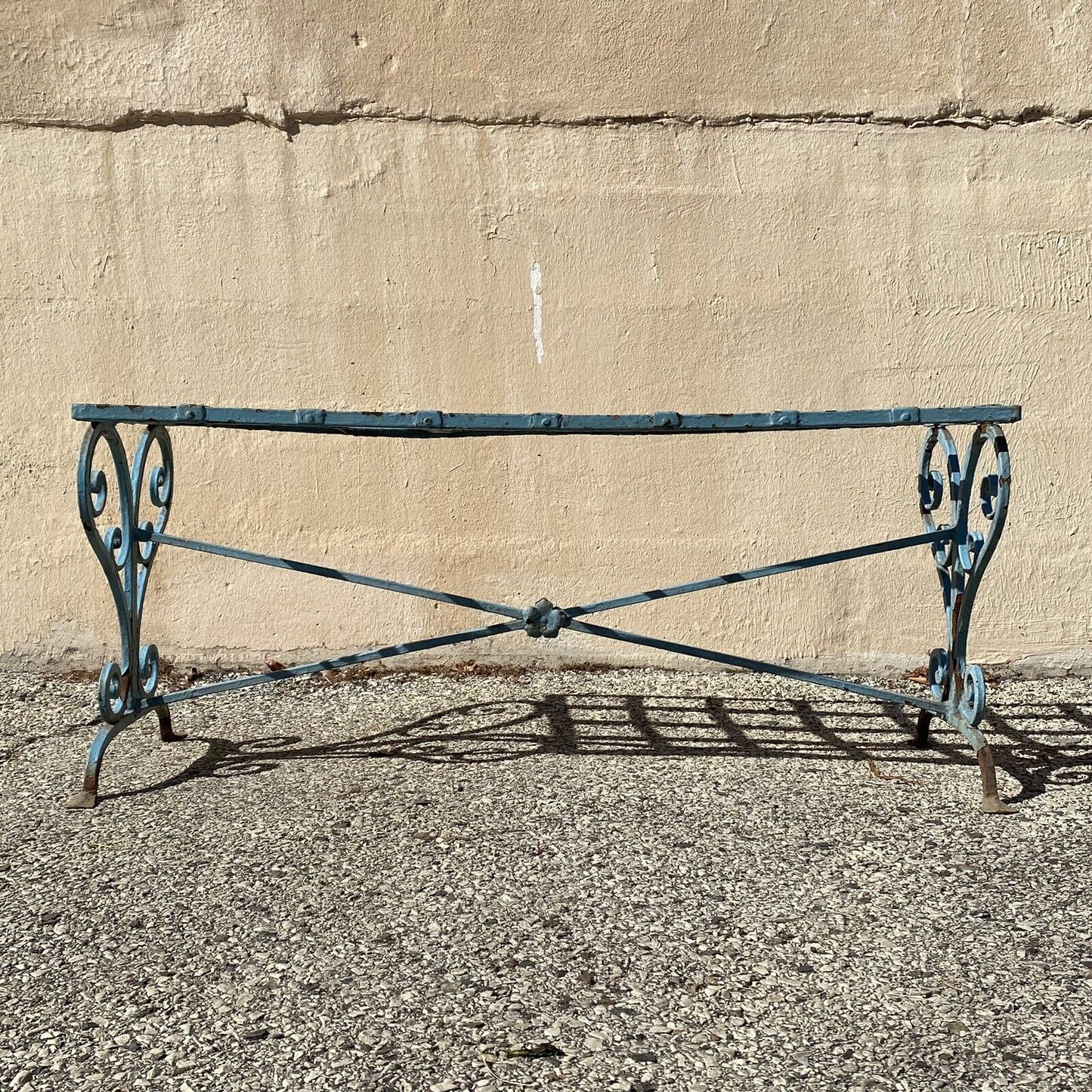 Antique French Art Nouveau Scrolling Wrought Iron Metal Strap Garden Patio Bench