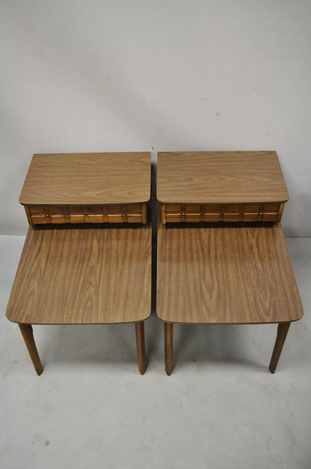 Mersman Mid Century Modern Walnut and Laminate Step Up Side End Tables - a Pair