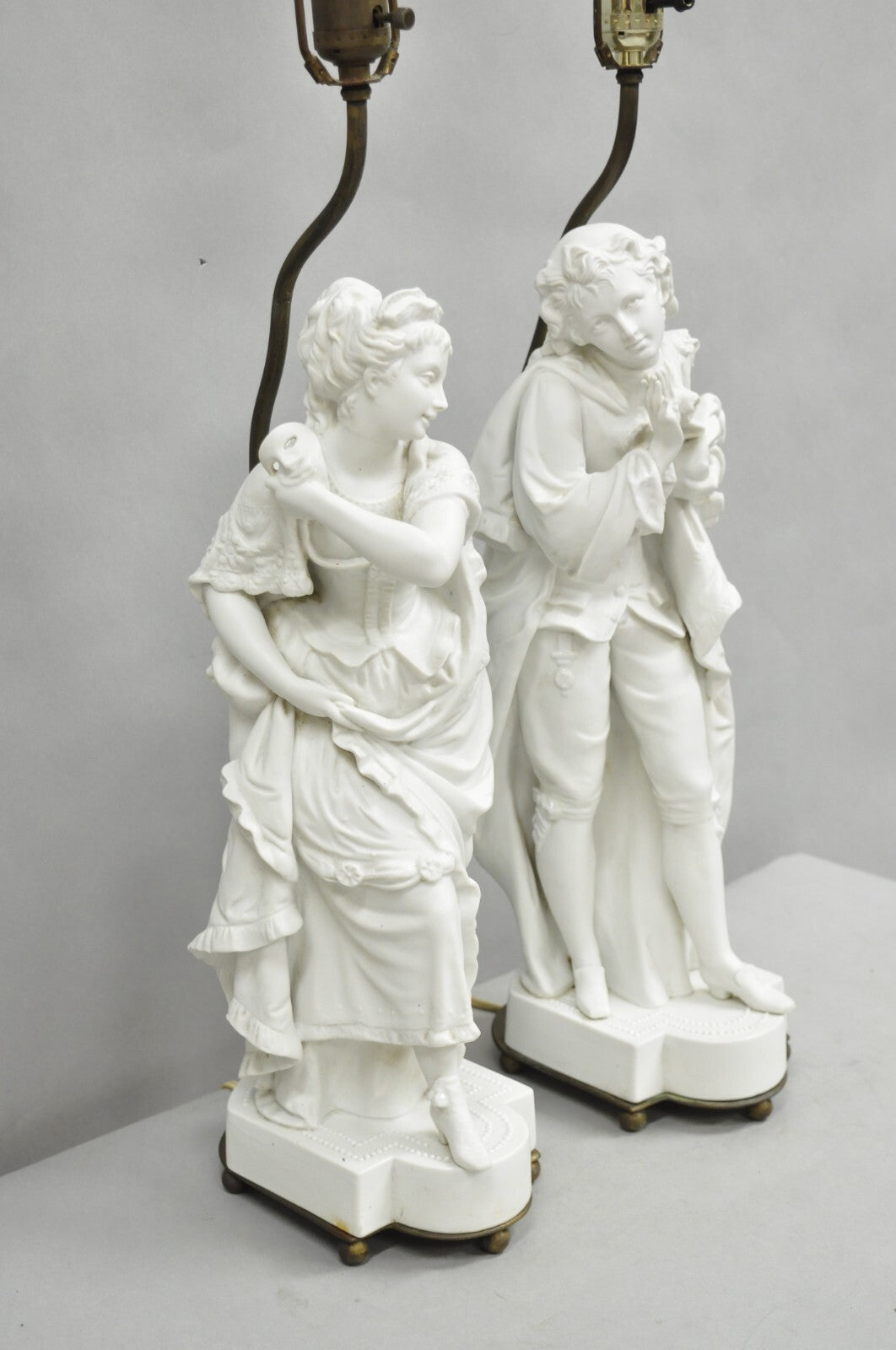 Victorian White Parian Porcelain Figural Bisque Man and Woman Table Lamps, Pair