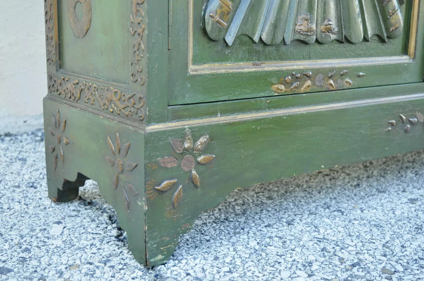 English Chinoiserie Green Distress Painted Tall George III Curio Display Cabinet