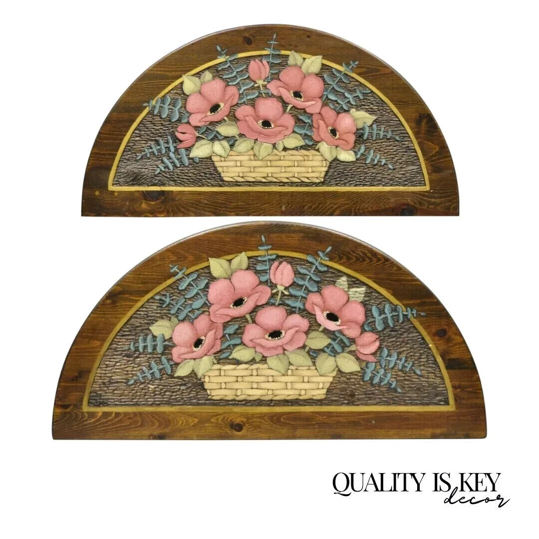 Country French Hand Carved Pine Flower Bouquet Wall Art Panel Plaque - a Pair