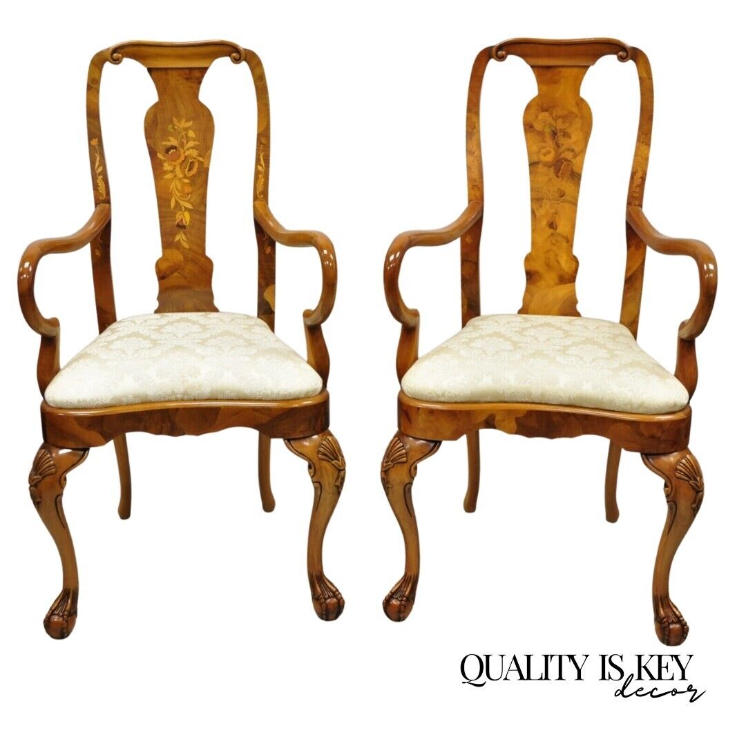 Vintage Queen Anne Style Italian Burl Patchwork Floral Inlay Arm Chairs - a Pair