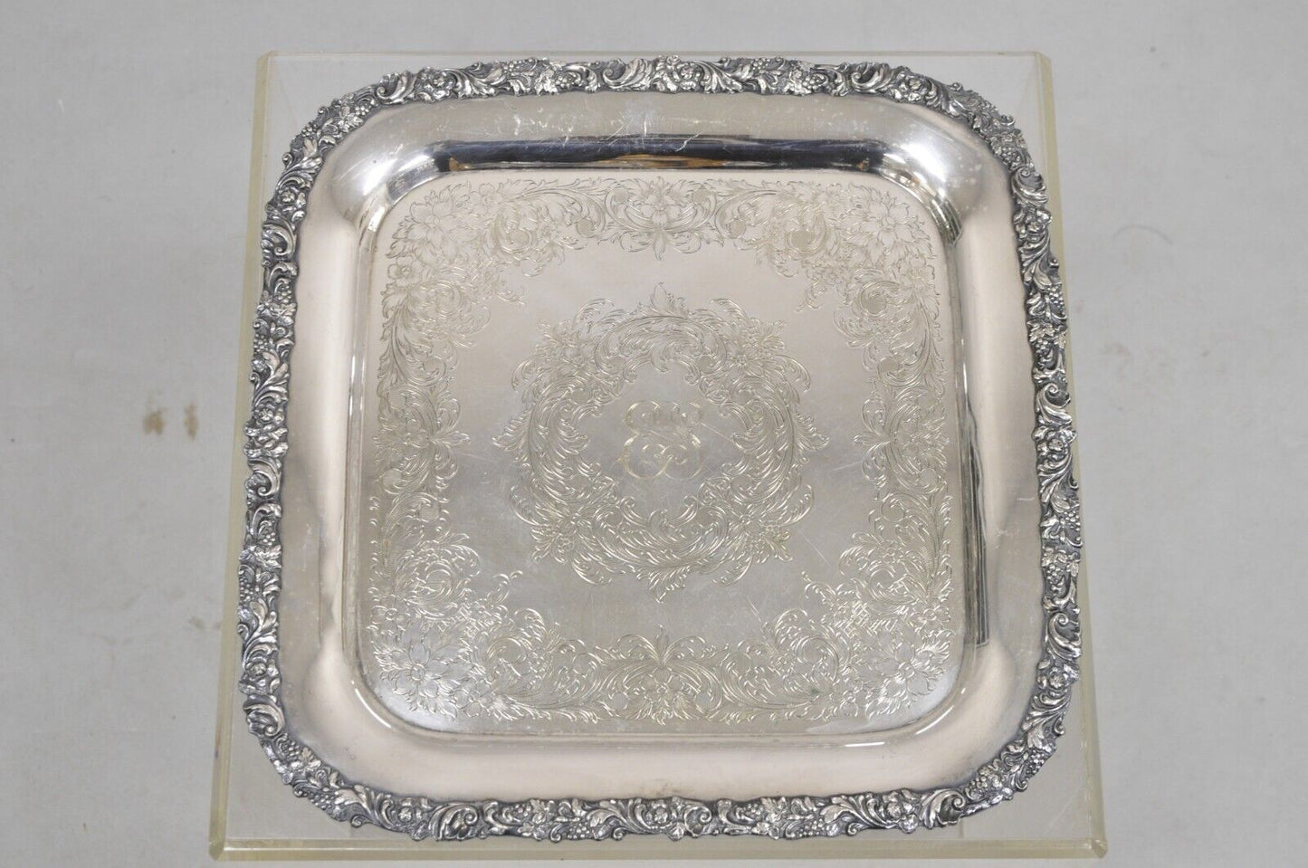 Vintage English Victorian Sliver Plated 15" Square Platter Tray With Monogram