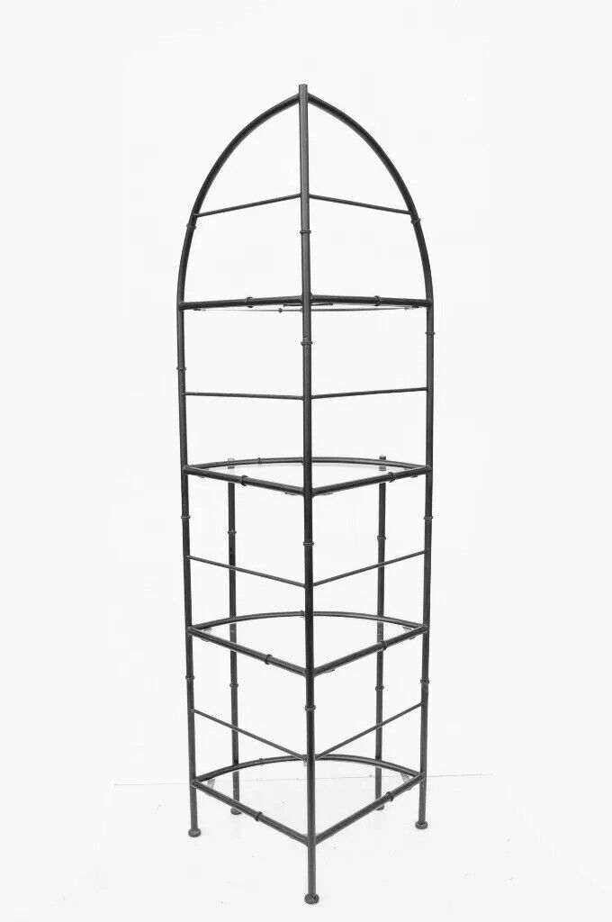 Vintage Hollywood Regency Iron Metal Faux Bamboo Corner Bakers Rack Etagere