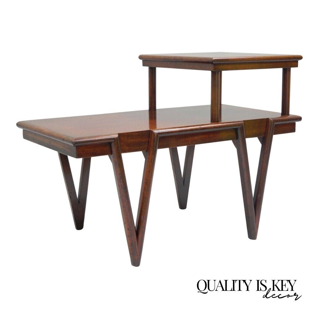 Mid Century Modern V-Leg T.H. Robsjohn Gibbings Style Mahogany Step Side Table