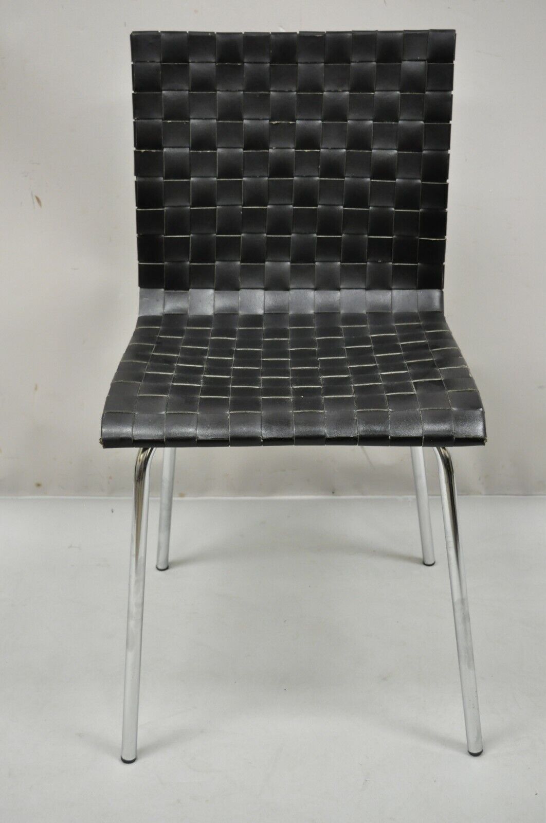 Modern Black Woven Leather Chrome Frame Dining Chairs - Set of 4