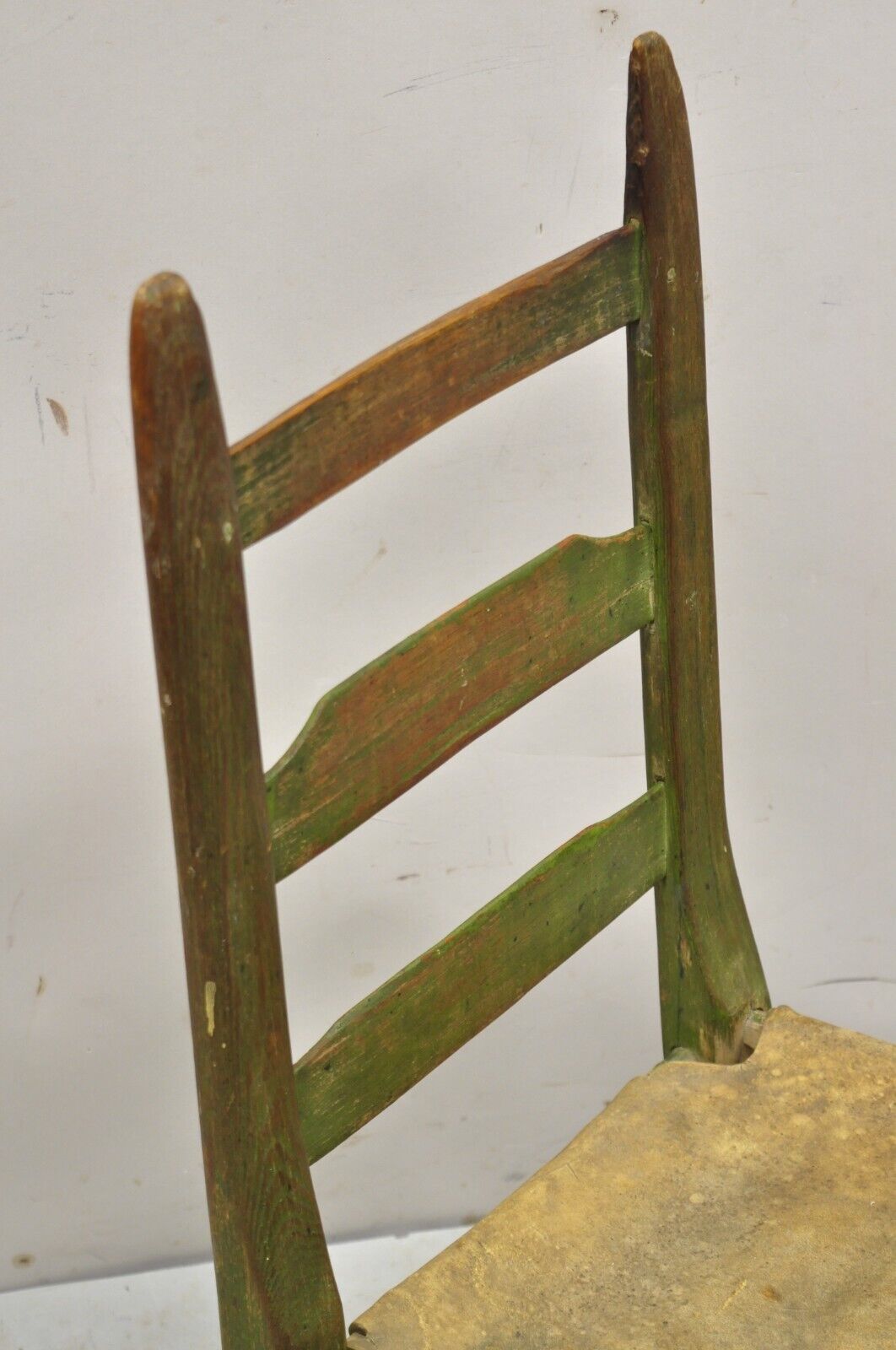 Antique Small Ladder Back Green Primitive Rustic Chair with Deer Hide Seat