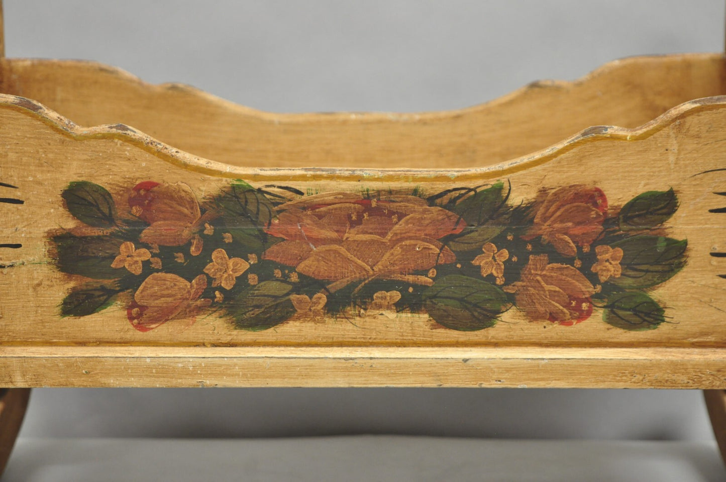 Antique Colonial Figural Painted "1820" Wooden Baby Doll Cradle