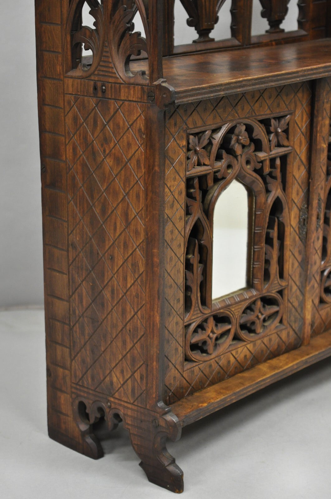 Antique Gothic Arts & Crafts Black Forest Walnut Carved Small Wall Curio Cabinet