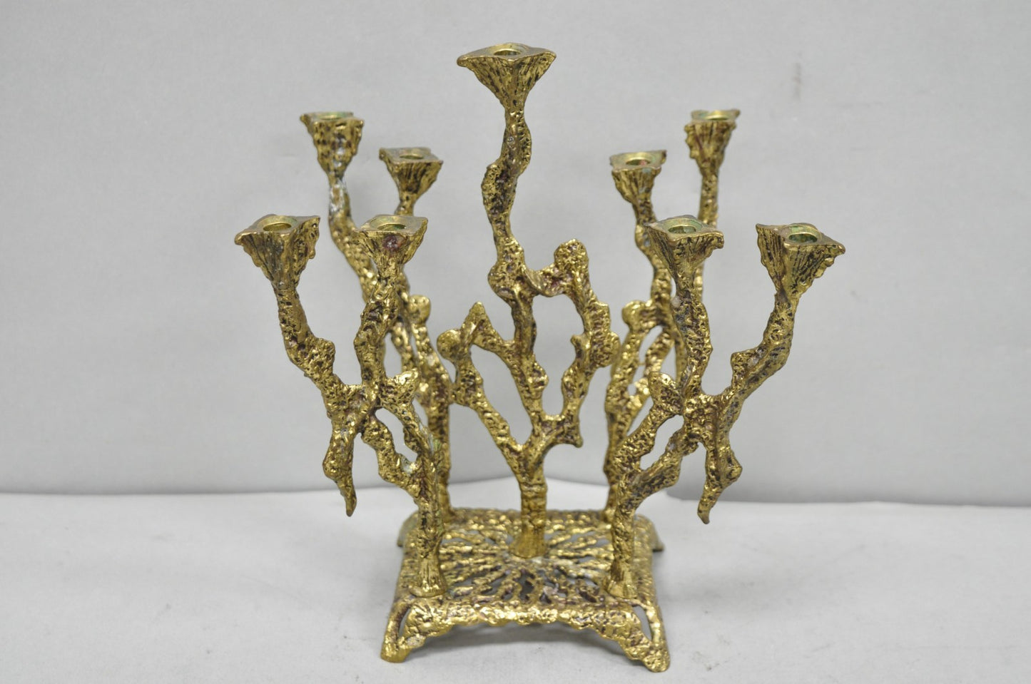 Vintage Mid Century Modern Brutalist Brass Judaica Candelabra by Wainberg