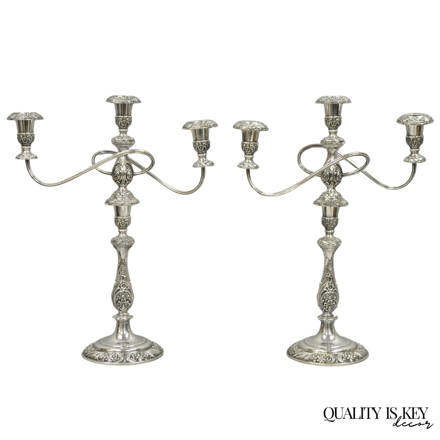 Heritage 1847 Rogers Bros 9416 Silver Plated 3 Arm Ornate Candelabra - a Pair
