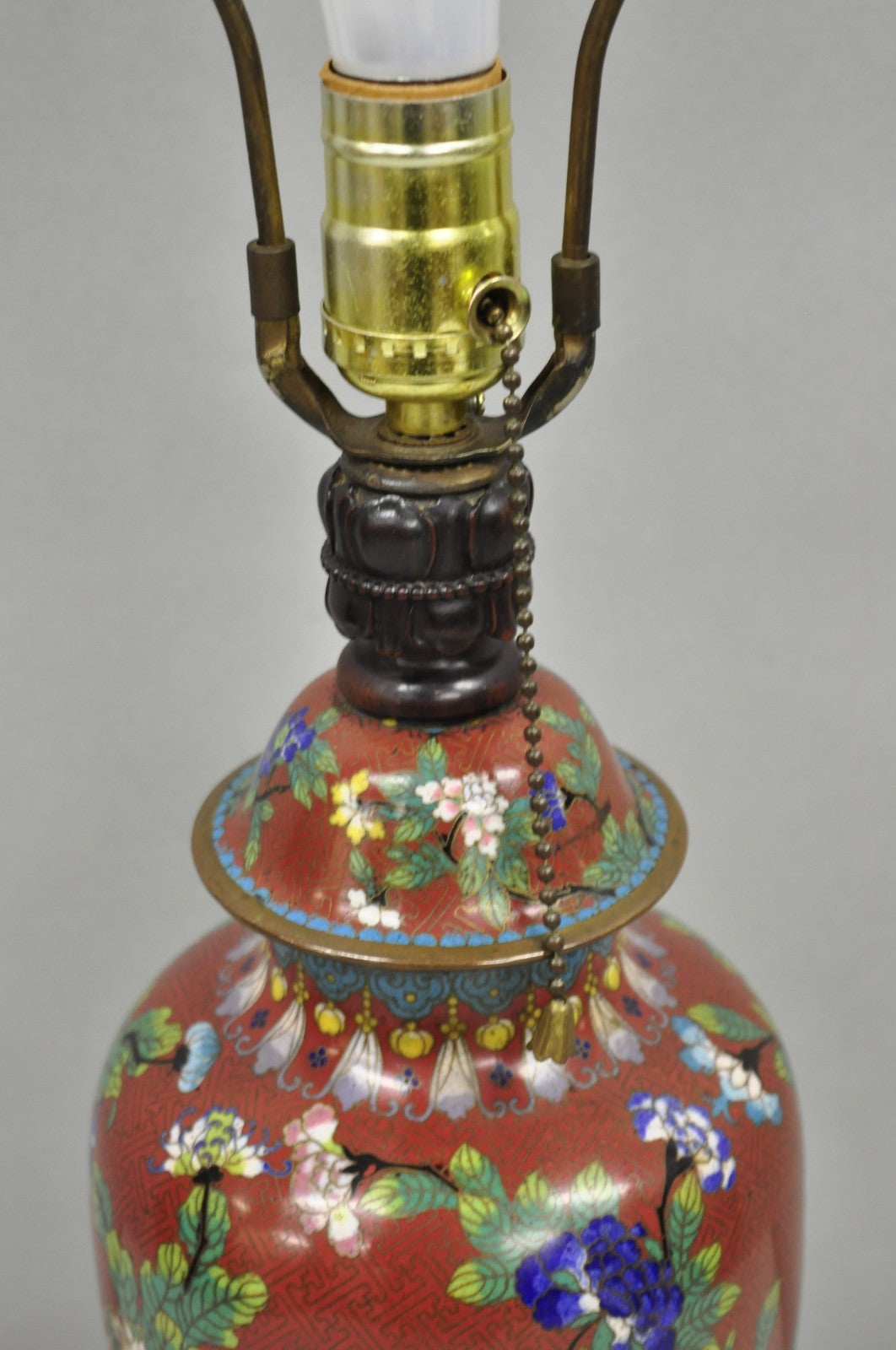 Vintage Chinese Porcelain Enamel Bronze Red Cloisonne Champleve Vase Table Lamp