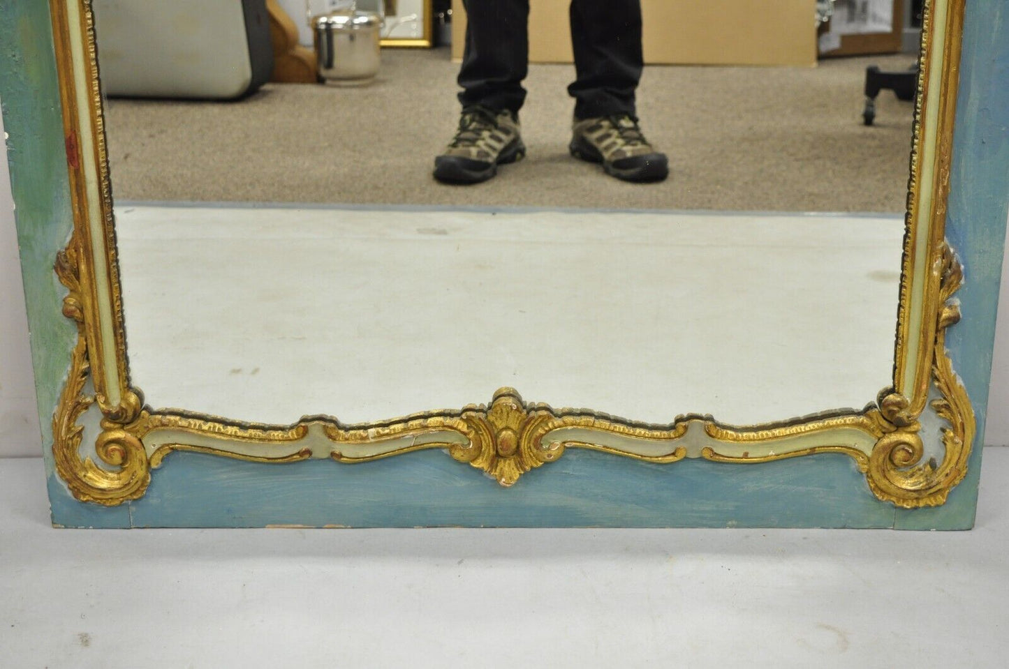 Antique French Louis XV Style Floral Bouquet Blue Distress Painted Wall Mirror