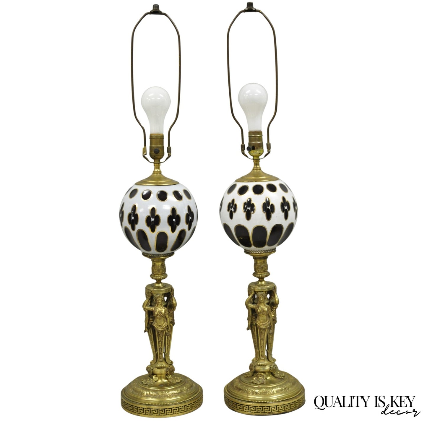 French Renaissance Brass Figural Maiden Base Red Bohemian Glass Table Lamps Pair