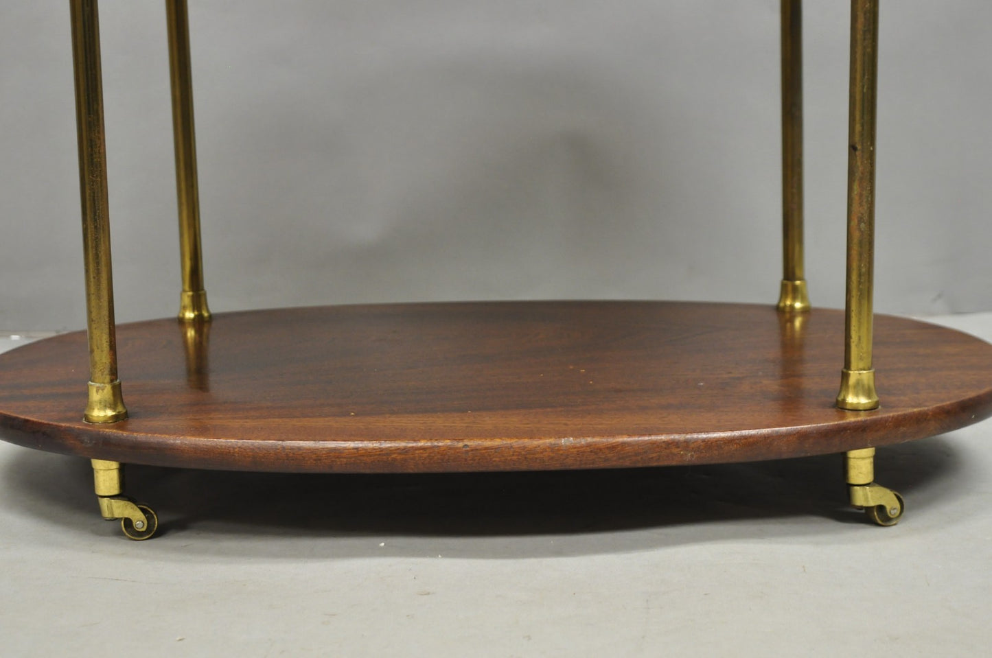 English Campaign Style Mahogany & Brass Oval 3 Tier Rolling Bar Cart Side Table