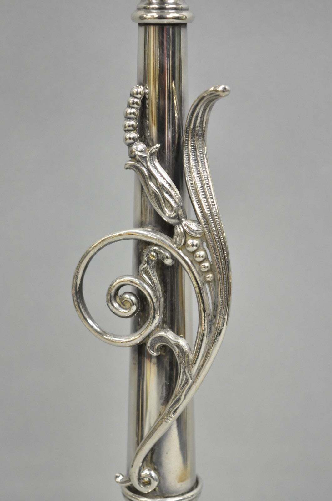 Antique French Art Nouveau Silver Plated Scrollwork Column Small Table Lamp