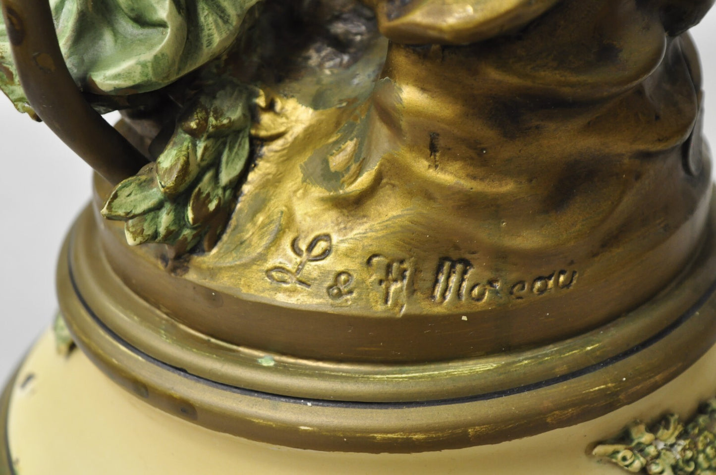 Antique French L&F Moreau Painted Metal Figural Mother & Child Table Lamps Pair