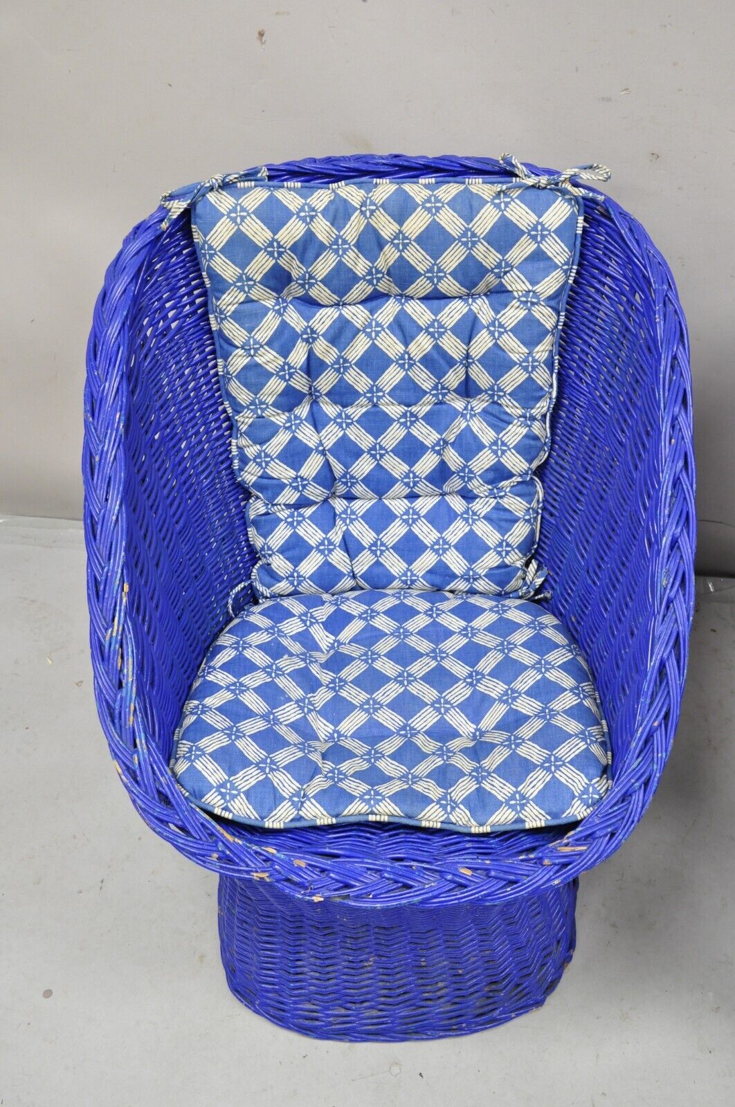 Vintage Mid Century Modern Blue Painted Wicker Rattan Pod Club Chairs - a Pair