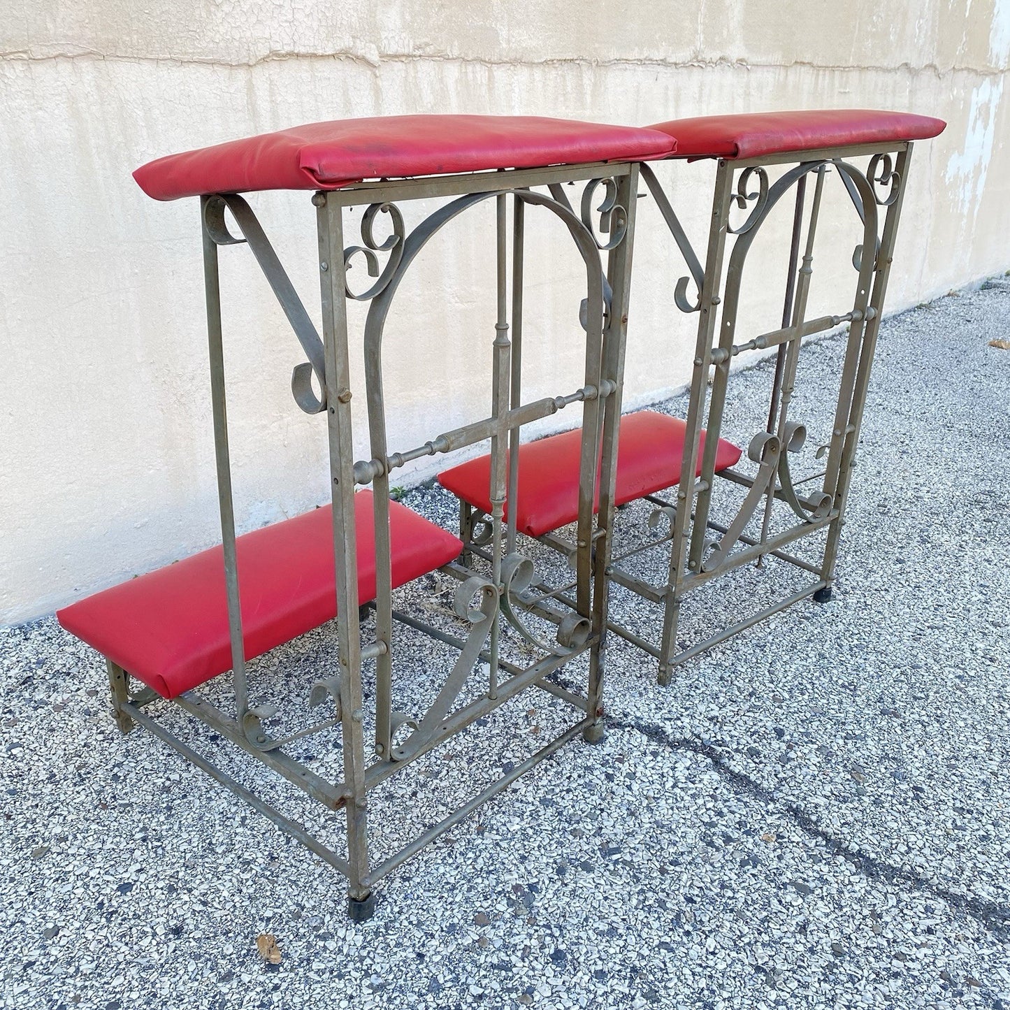 Antique Spanish Gothic Wrought Iron Kneeler Prie Dieu Prayer Benches - a Pair