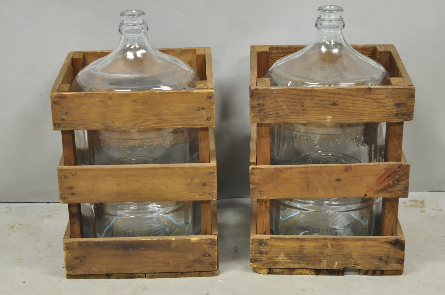 Vintage Great Bear Clear 5 Gallon Glass Carboy Jug in Wooden Crate - Pair