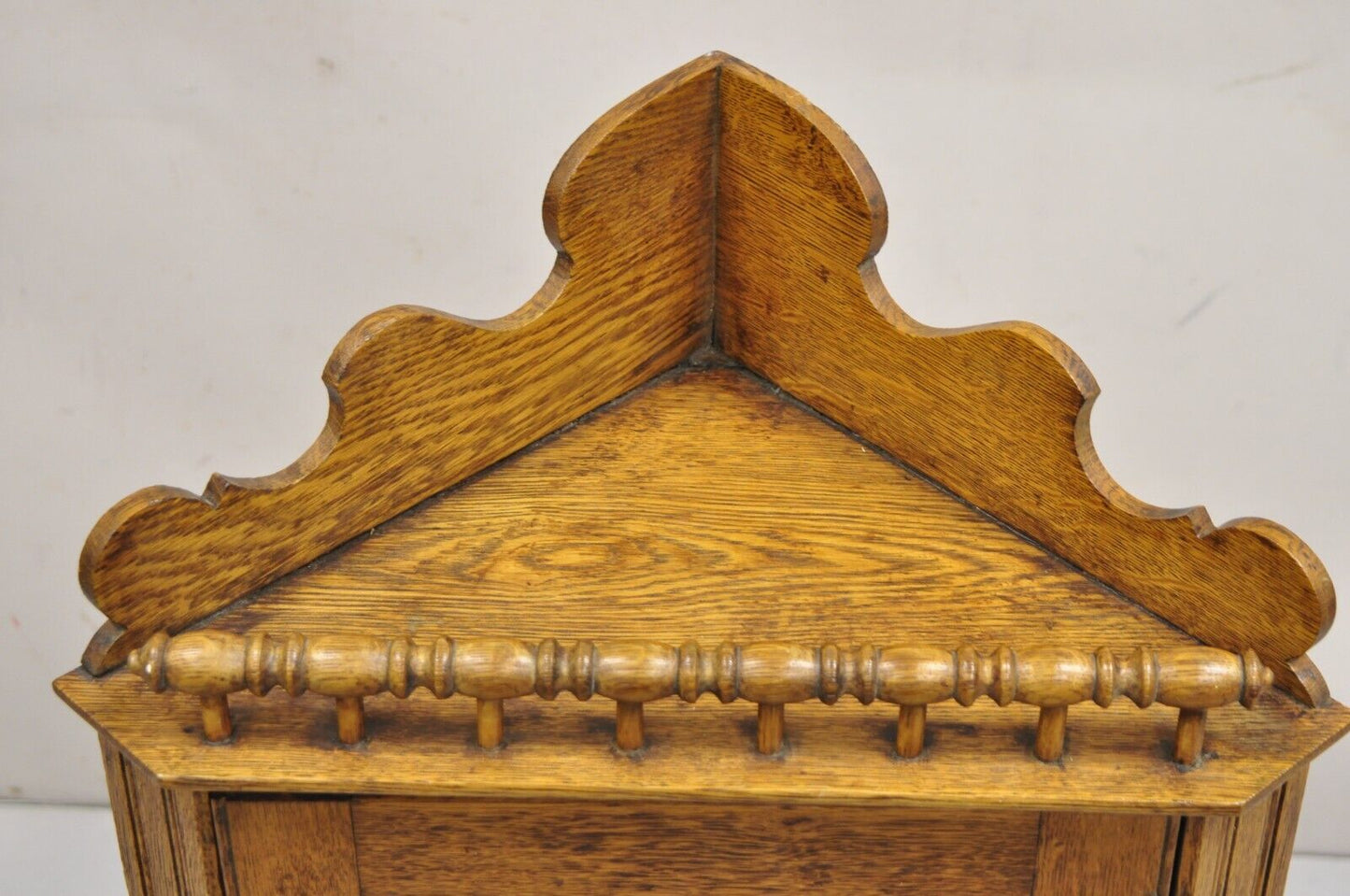 Antique Victorian Golden Oak Wood Glass One Door Corner Wall Curio Cabinet