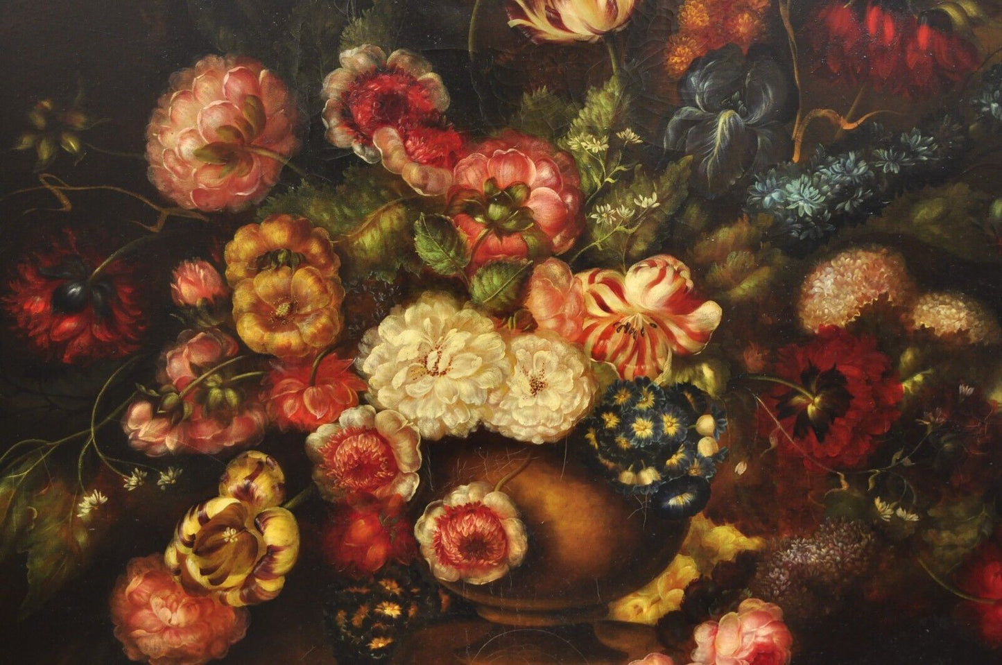 Large French 58 x 70 Gold Frame Still Life Oil Painting with Bouquet of Flowers