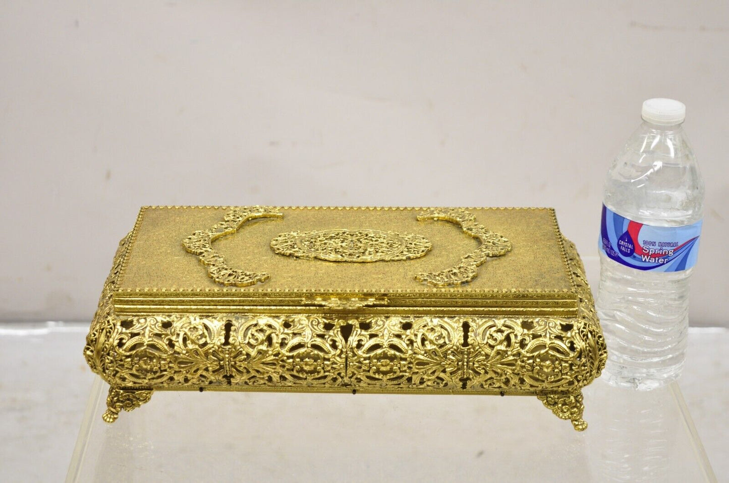 Vtg French Hollywood Regency Style Gold Filigree Vanity Jewelry Box by Globe