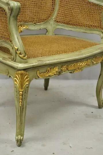Antique French Louis XV Style Green Distressed Gold Gilt Cane Bergere Arm Chair