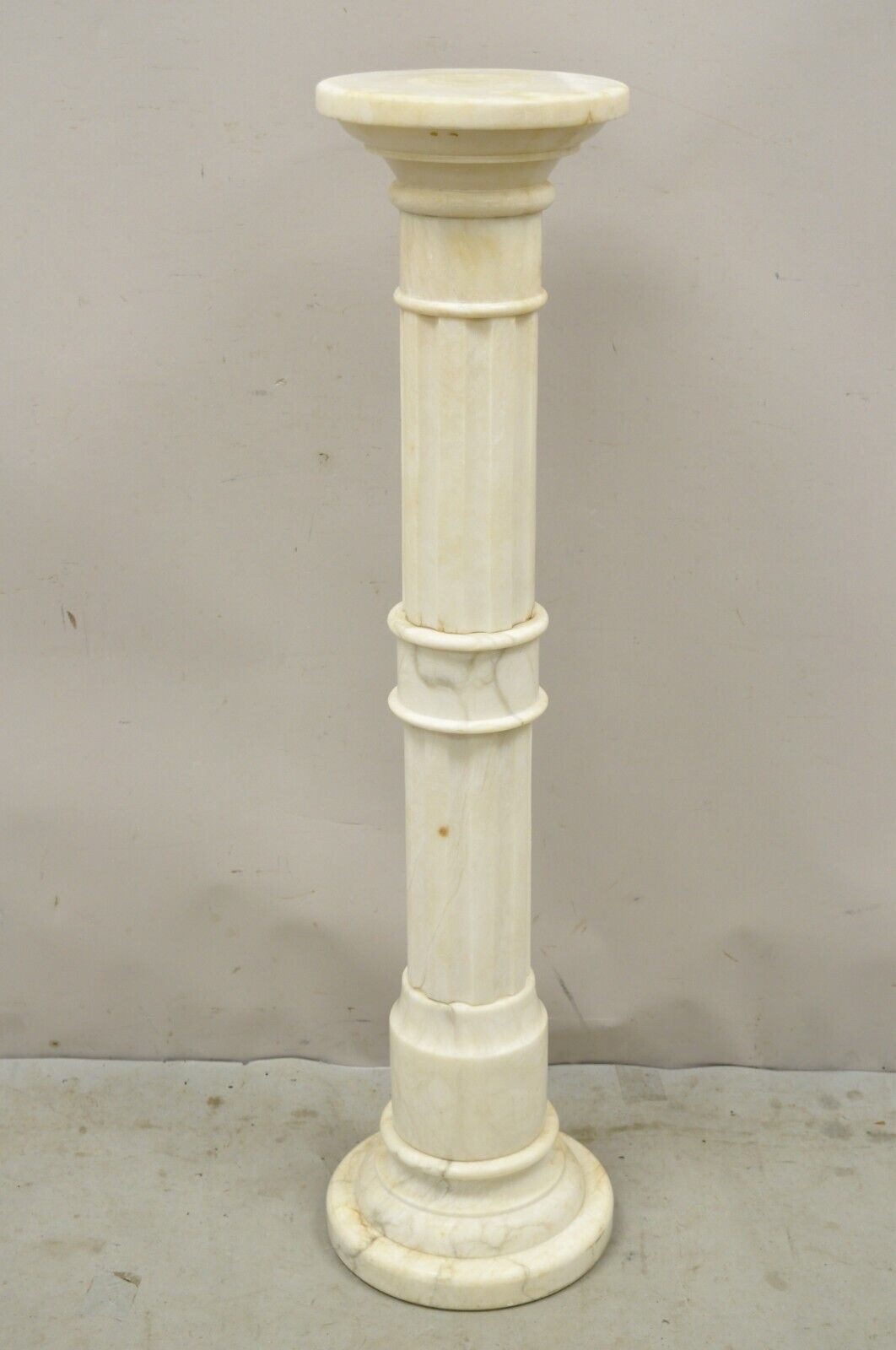Antique Italian Classical Style White Marble Column Round Pedestal Plant Stand