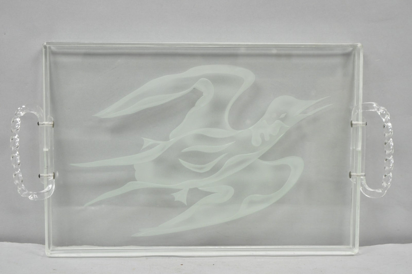Vintage Mid Century Modern Dorothy Thorpe Style Etched Glass Bird Acrylic Tray