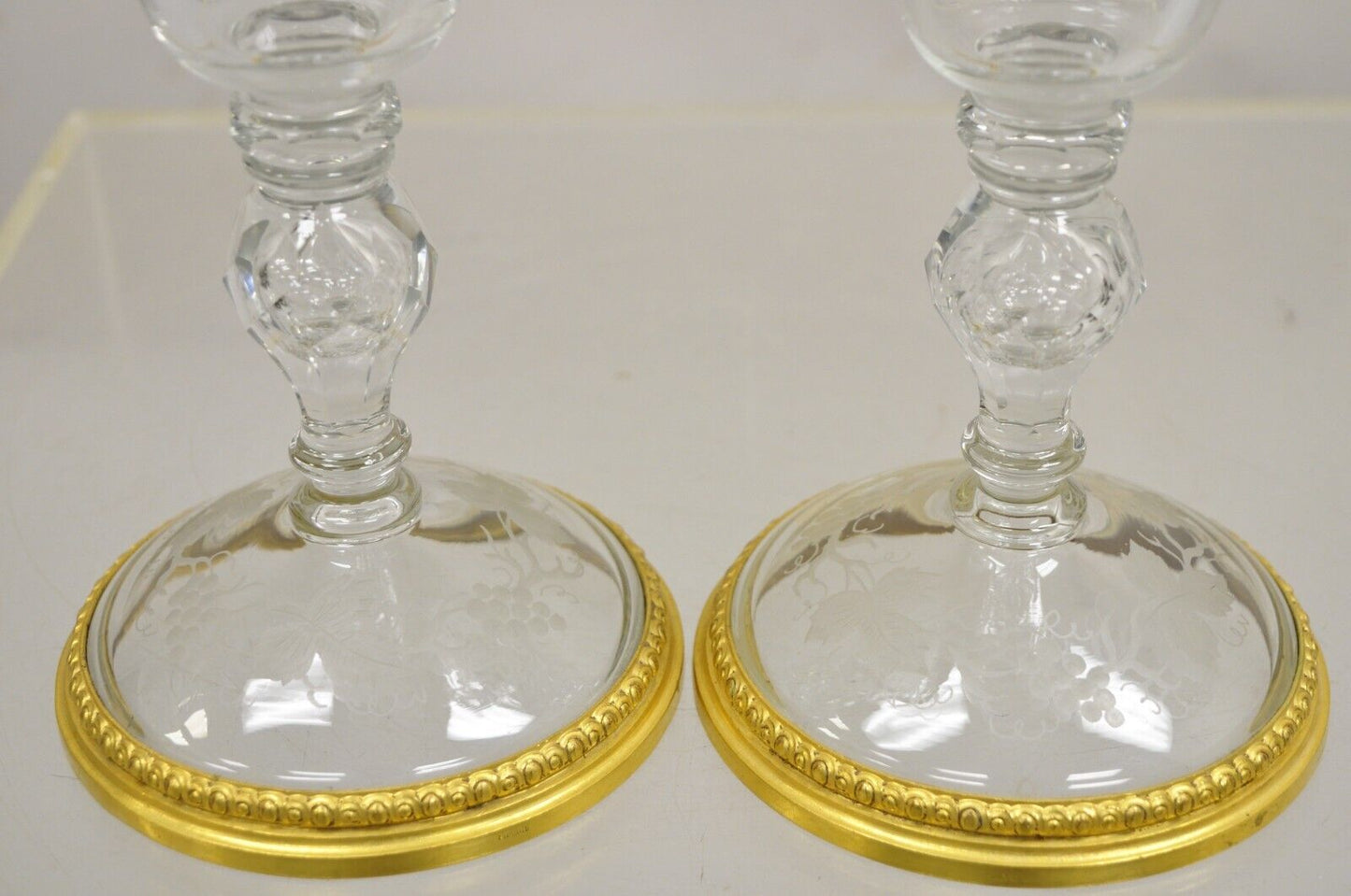 Antique French Louis XV Style Gold Gilt Bronze Crystal Glass Stem Goblet - Pair