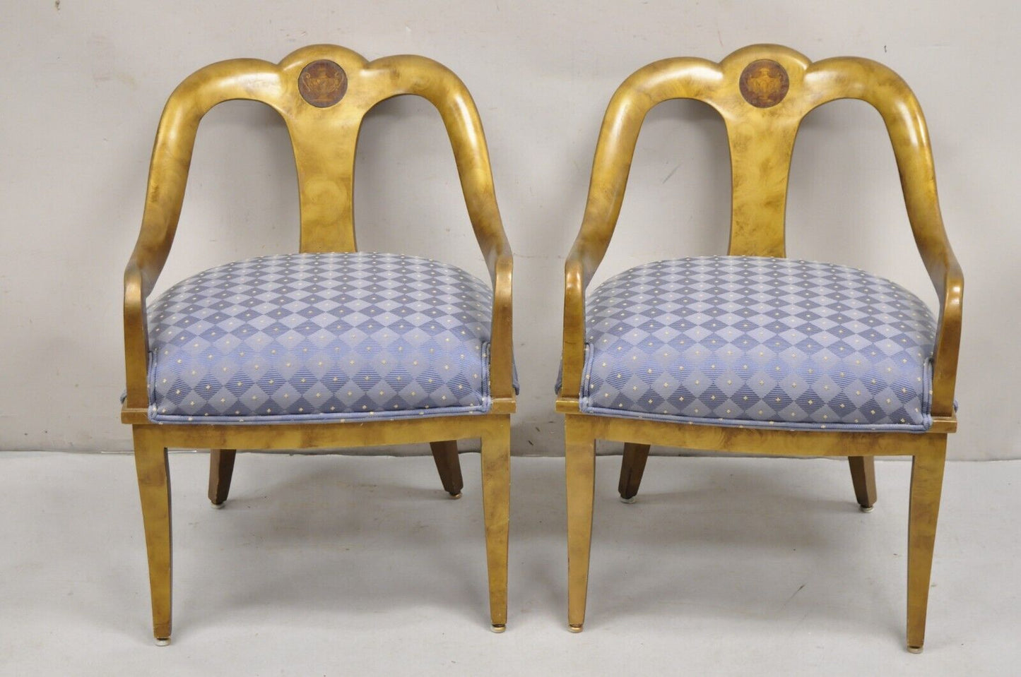 Vintage Italian Hollywood Regency Gold Gilt Wood Saber Leg Lounge Chairs - Pair