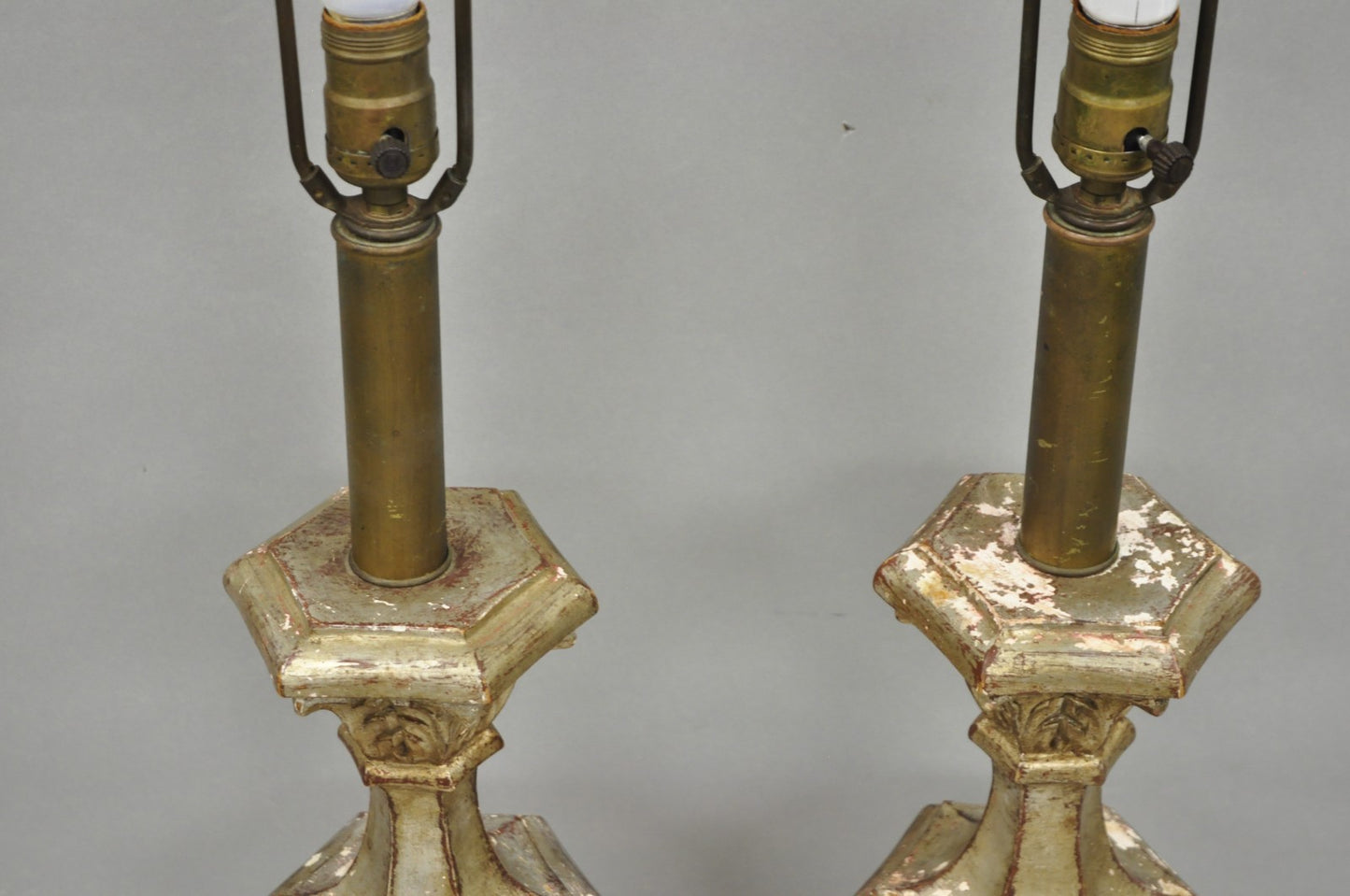 Italian Hollywood Regency Silver Carved Giltwood Candlestick Table Lamps a Pair