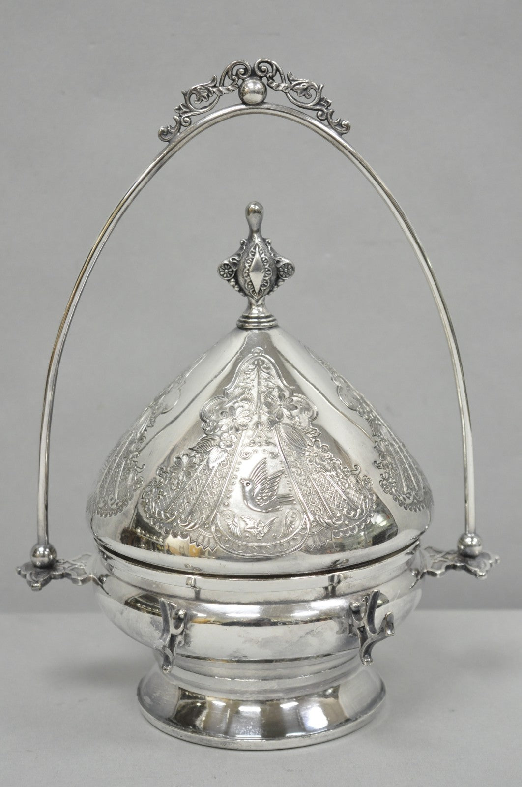 Antique English Art Nouveau Silver Plated Covered Butter Serving Dish w / Birds