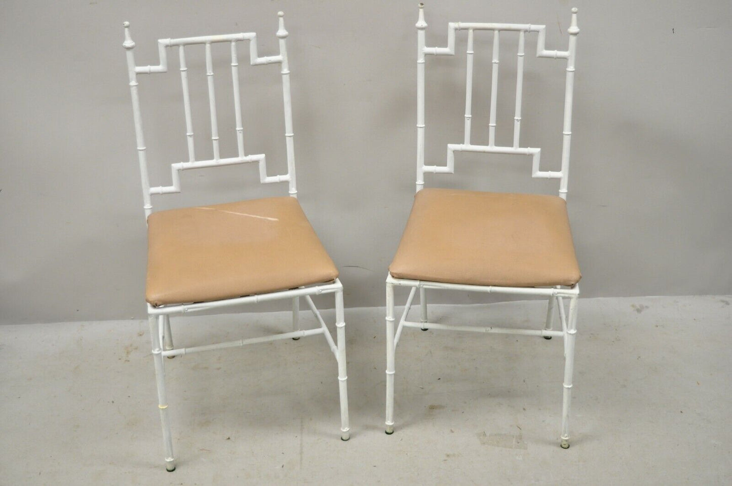 Italian Hollywood Regency White Faux Bamboo Metal Accent Side Chairs - a Pair