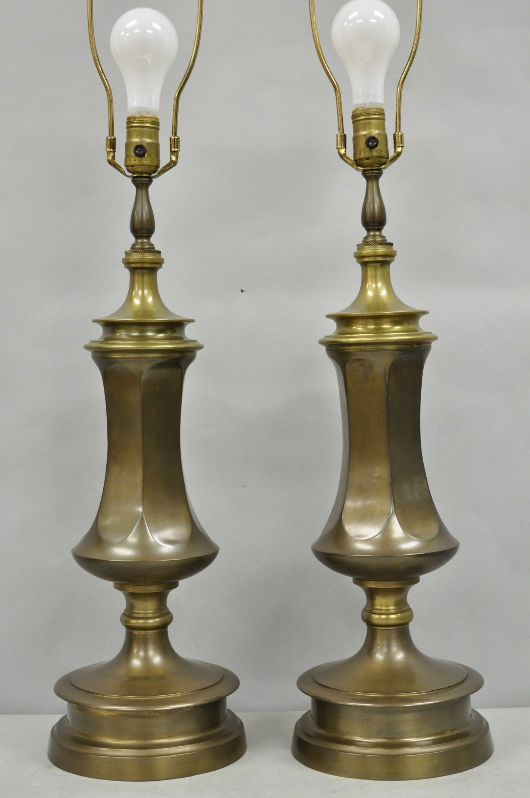 Vintage French Empire Patinated Bronze Brass Column Table Lamps by Wildwood Pair