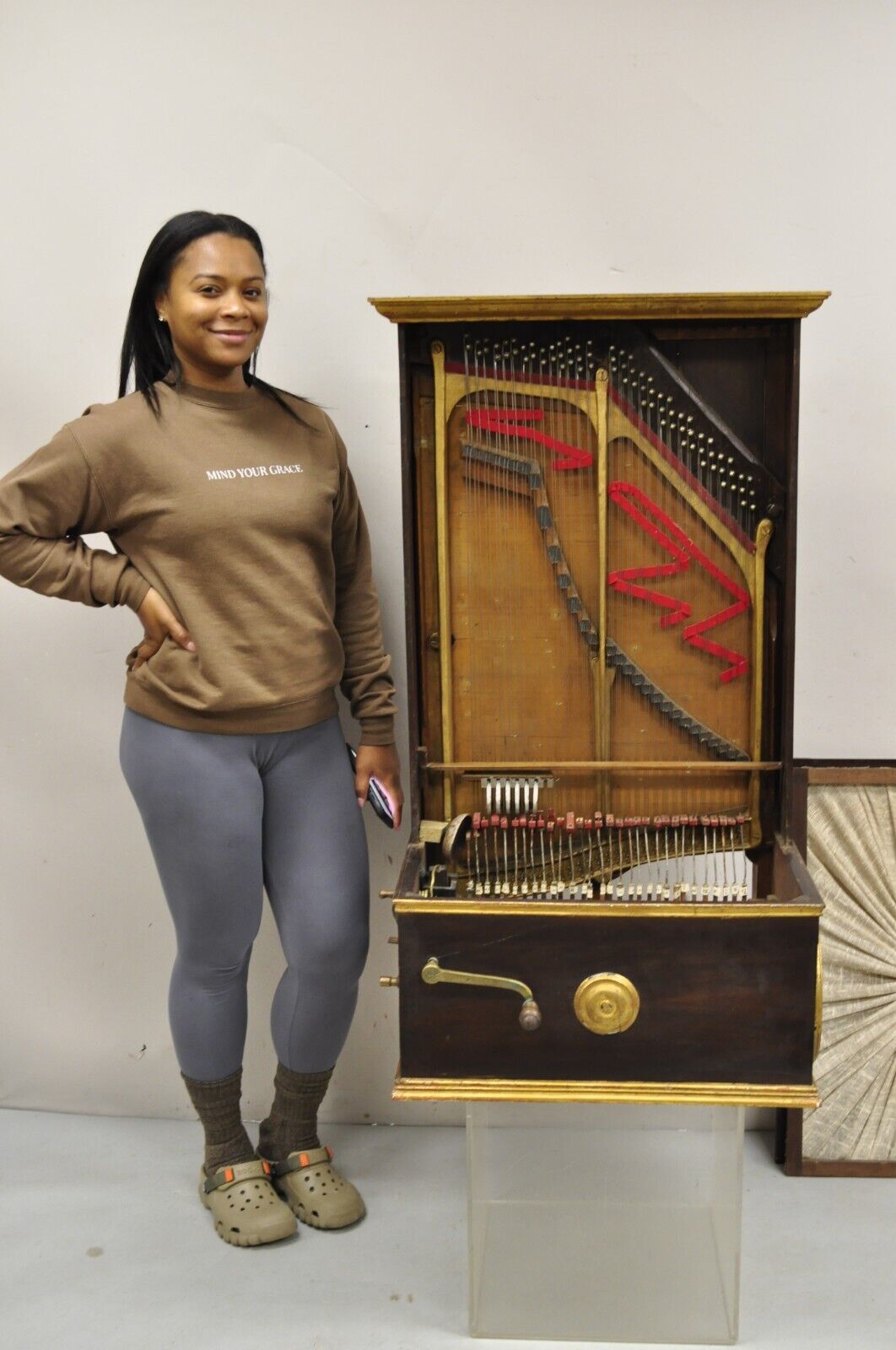 Antique English Victorian Hand Crank Mahogany Case Portable Upright Barrel Piano