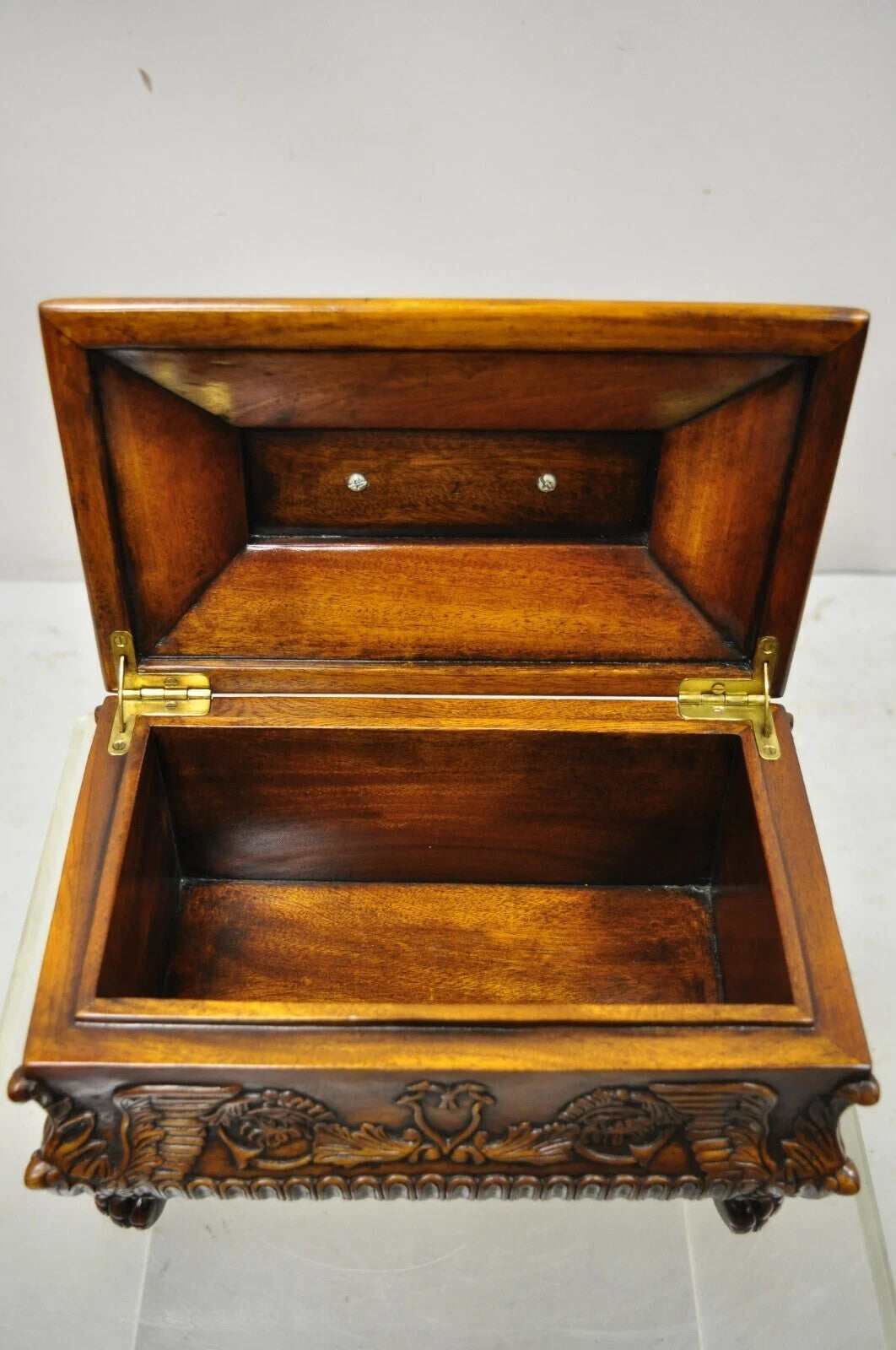 French Empire Rococo Style Carved Mahogany Paw Foot Jewelry Vanity Trinket Box
