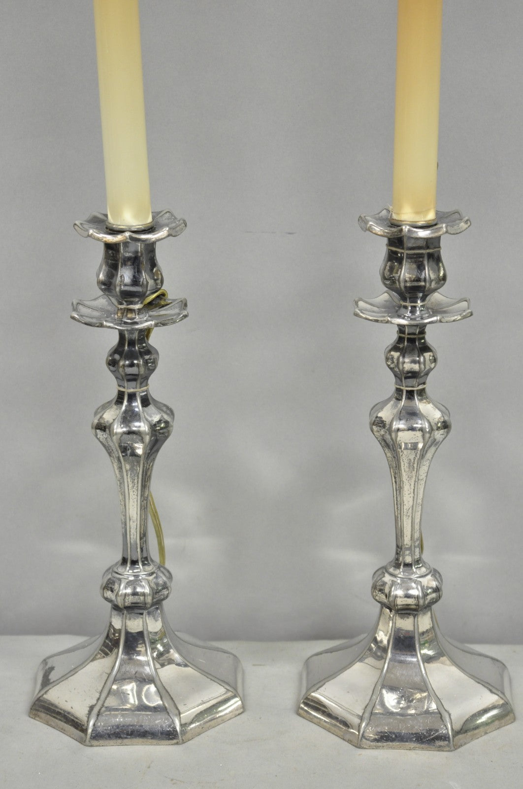Reed & Barton Art Nouveau Silver Plated Small Candlestick Table Lamps - a Pair