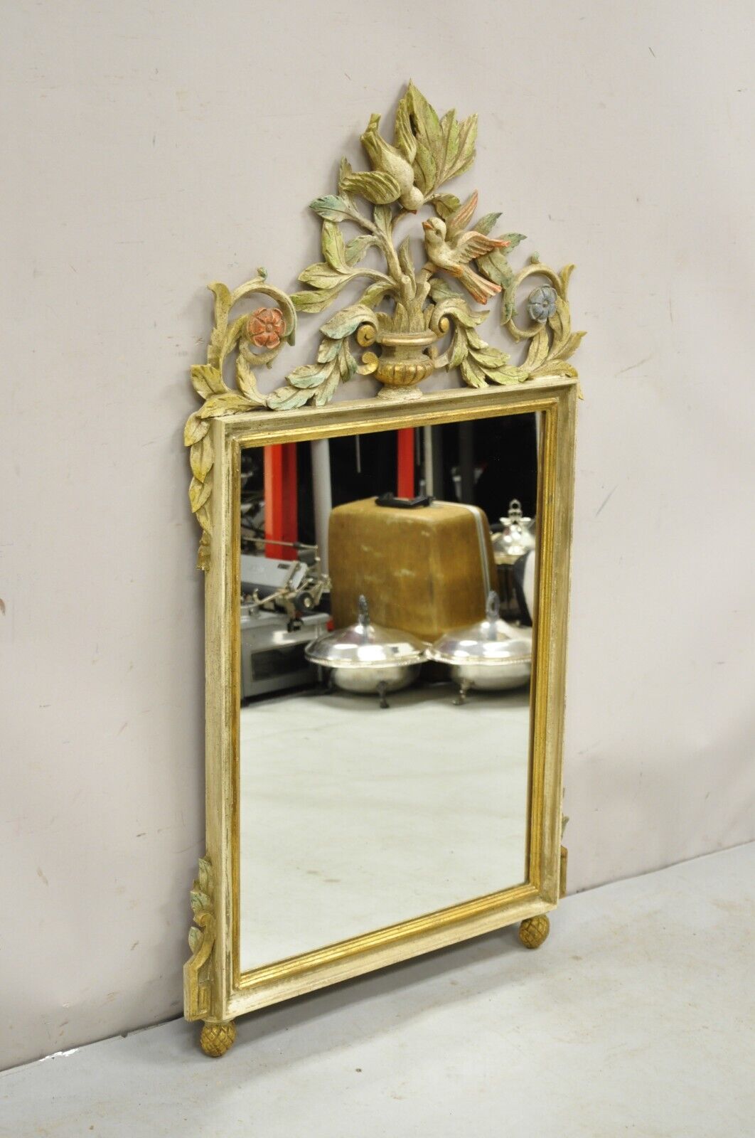 Vintage Italian Neoclassical Carved Wood Painted Birds & Flowers Wall Mirror