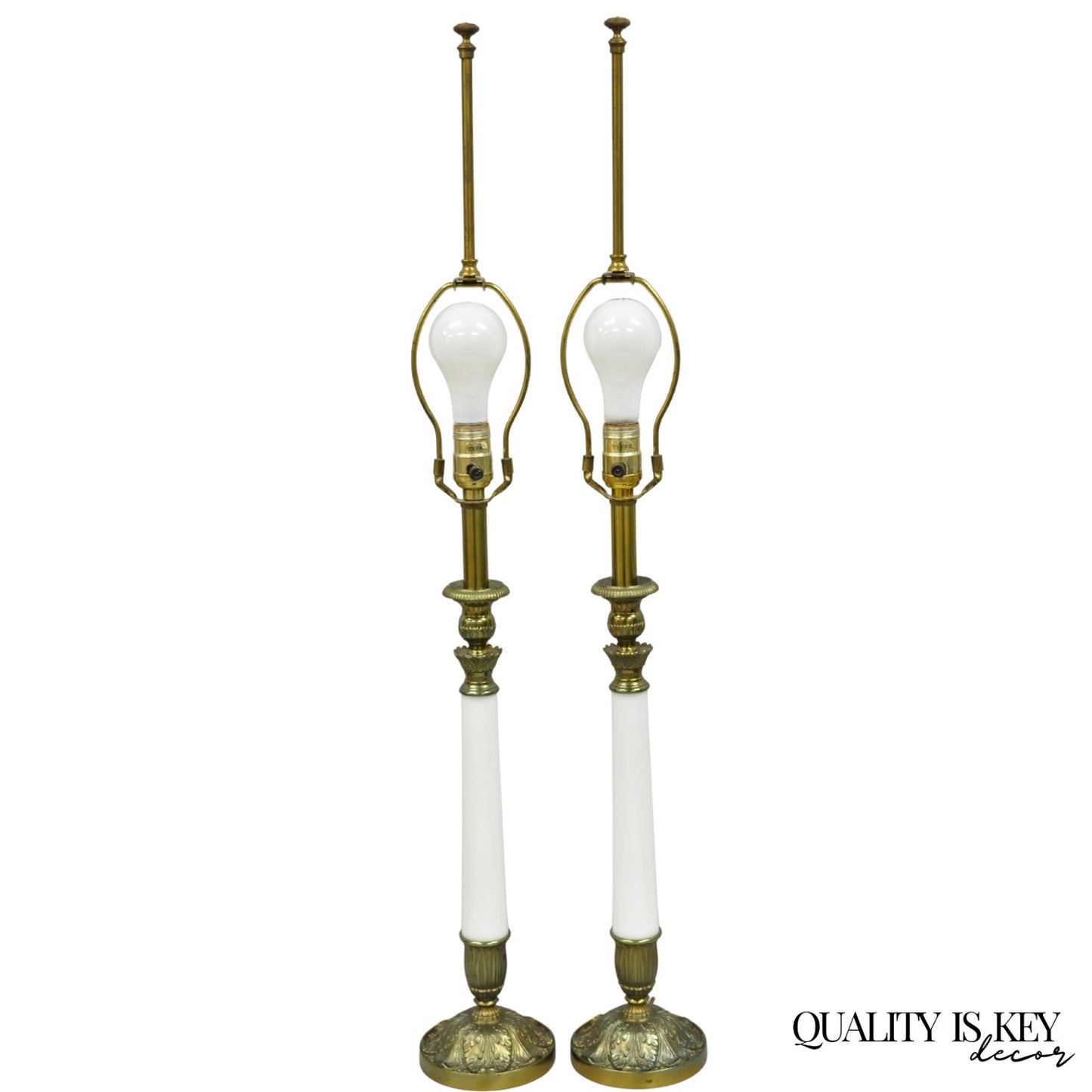 Vintage Stiffel White Glass Column French Hollywood Regency Table Lamps - a Pair