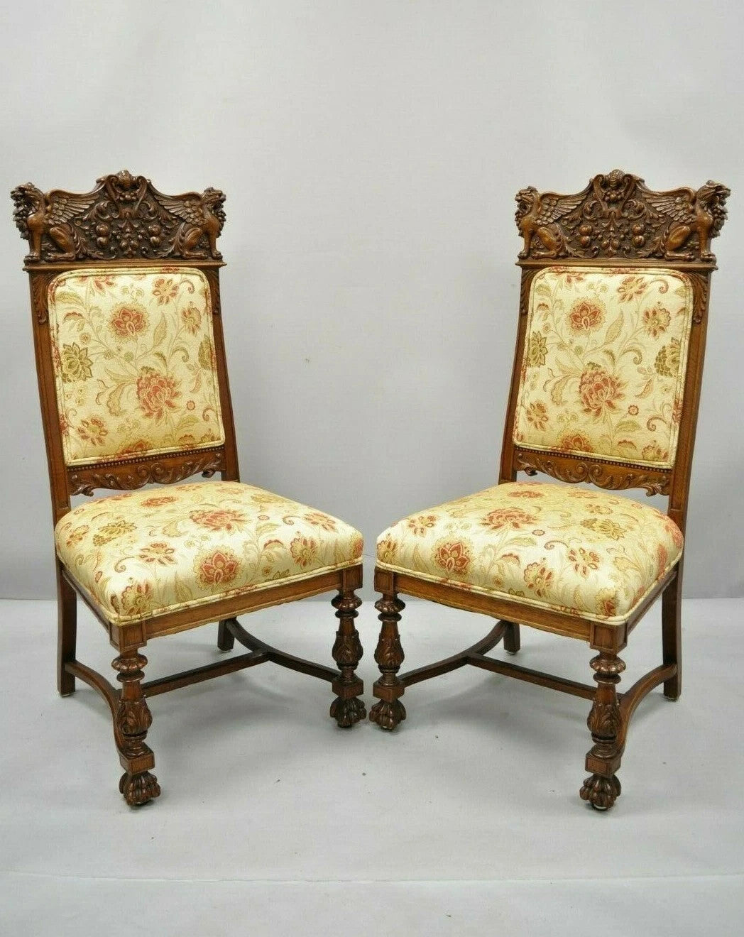 Antique Renaissance Oak Winged Griffin Paw Foot Dining Chair Attr RJ Horner Pair